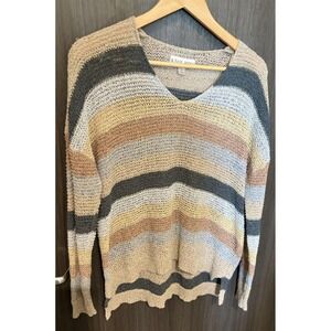 Knox Rose Sweater Women's Large Rainbow Striped High Low Hem V-Neck Pullover